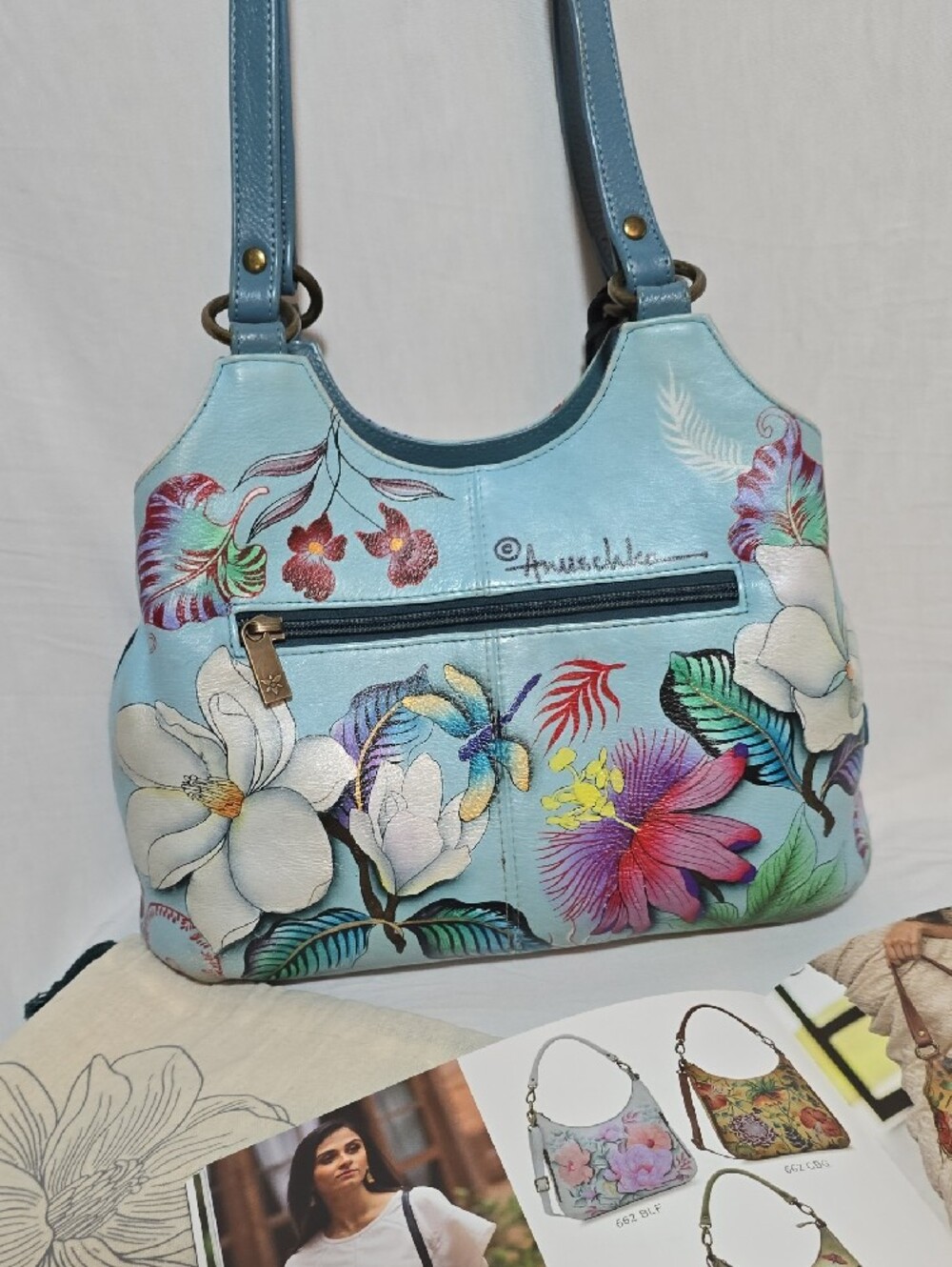 Anushka Beautiful Teal Leather Hand Painted Handbag